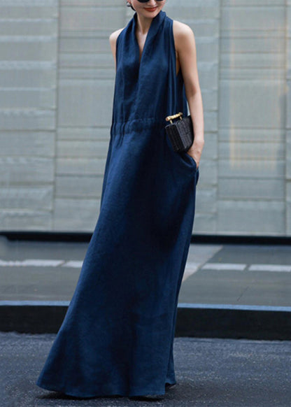 New Robe Dresses Pockets Solid Blue Linen Light Waist Tie