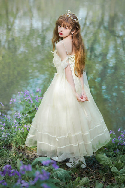 Sweet Lolita JSK Gown with High Waist, Bow Accents & Chiffon Long Cut