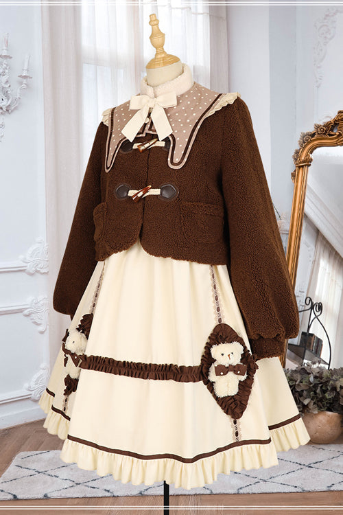 Sweet Lolita OP Gown with Round Collar, Lantern Sleeves & Cute Bear Motif