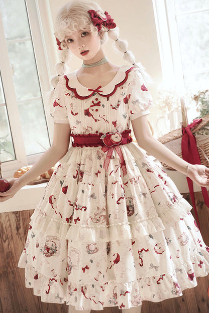 Ivory Apple Tea Print Short-Sleeve Country Ruffle Bow Sweet Lolita Dress Plus Size