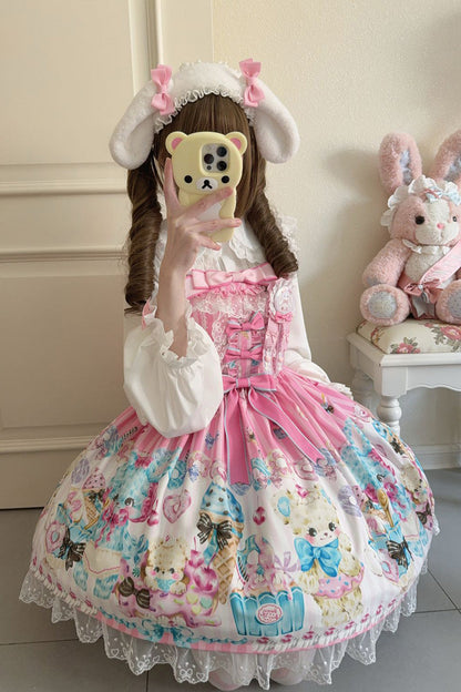 Blush Bear Print Ruffle Bow Lace Princess JSK - Floral Whisper