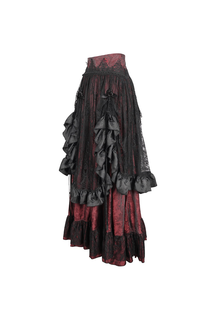 Crimson & Obsidian Ruffle Lace Drawstring Gothic Skirt