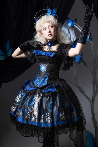 Azure Dark Moon Corridor Print Embroidery Gothic Lolita Gown Skirt