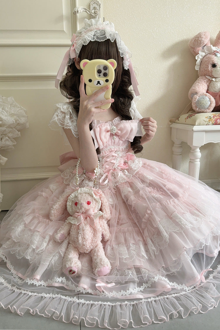 Blush Sleeveless Ruffled Lace-Up JSK with Bow