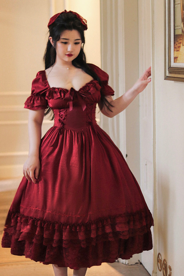 Crimson Vintage Lolita Dress with Puff Sleeves and Layered Ruffles