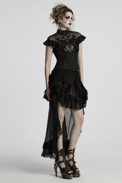 Ruffle Sheer Lace Gothic Blouse with Embroidery for Women