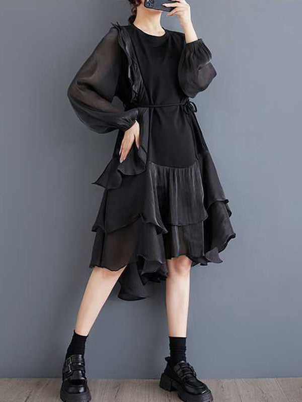 Chic Black Round-Neck Patchwork Contrast Color Ruffle Trim High-Low Long Sleeve Dress TW019