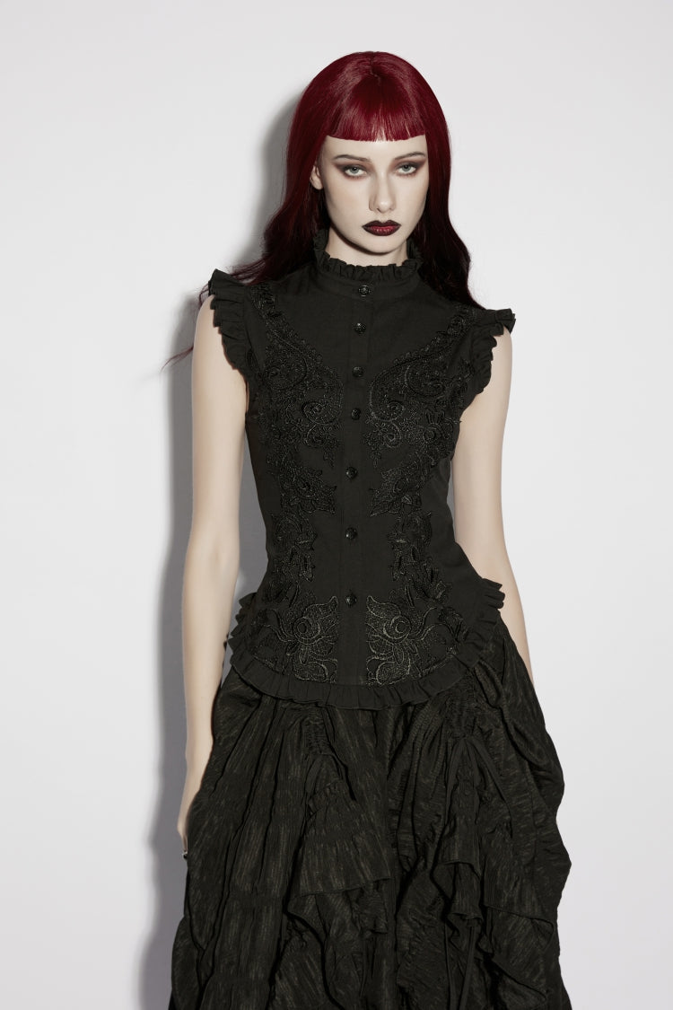 Elegant Black Gothic Blouse for Women, Ruffled with Embroidery and Lace-Up