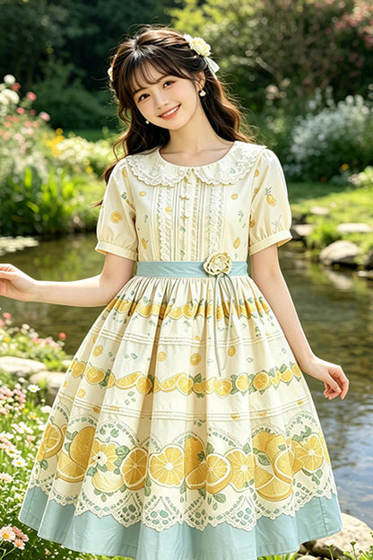Doll Collar Short Sleeve Lemon Print Plus Size Lolita Dress