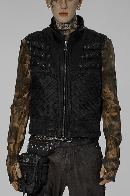Apocalyptic Skull-Zip Twill Vest with Stand Collar