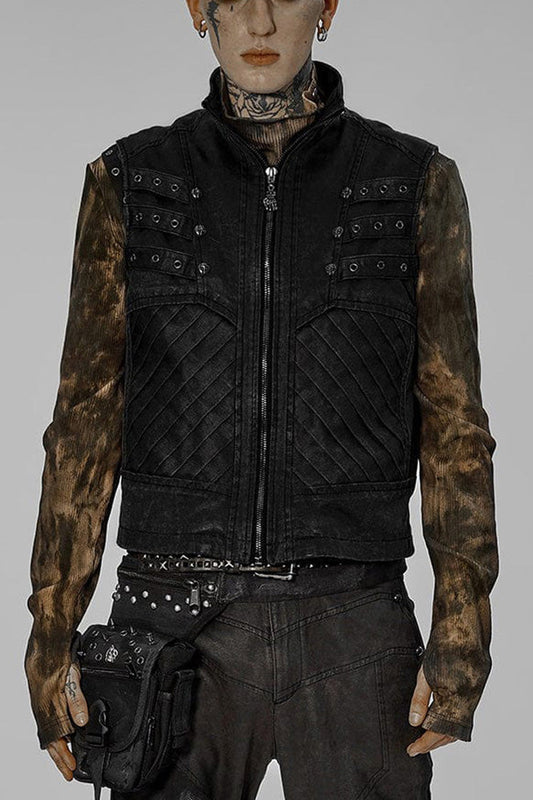 Apocalyptic Skull-Zip Twill Vest with Stand Collar