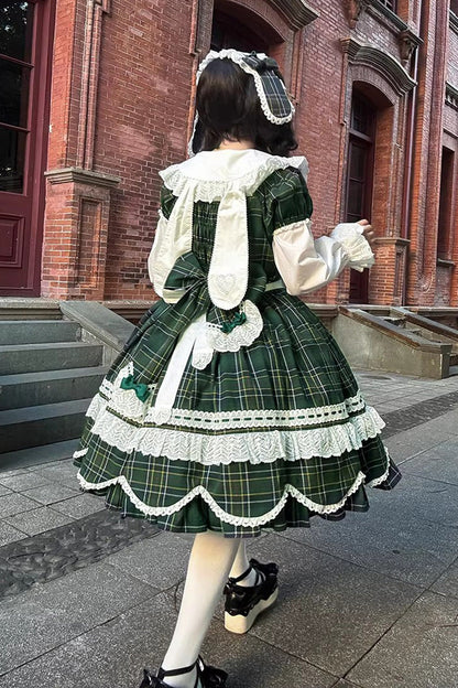 Emerald Gingham Petal Bunny Short-Sleeve Ruffled Bow OP Dress