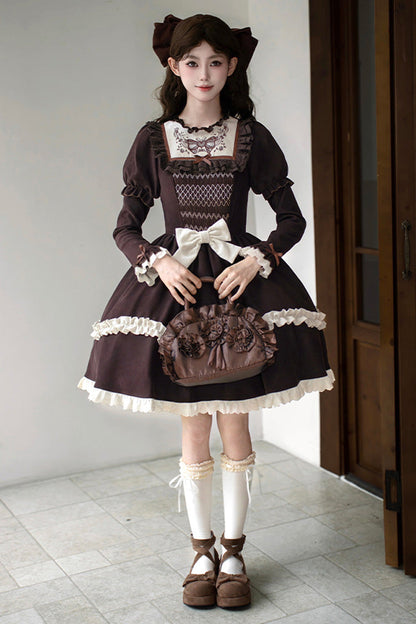 Rustic Brown Double Ruffle Bow Embroidered Sweet Lolita Mini Dress - Miss Brown
