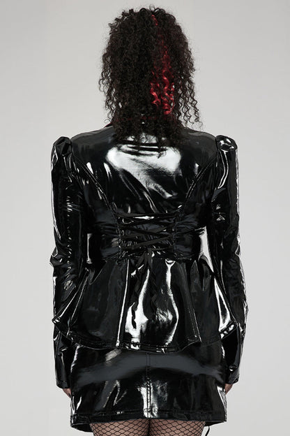 Crimson & Charcoal Patent Leather Lapel Pleated Slim Faux Leather Long Sleeve Punk Jacket