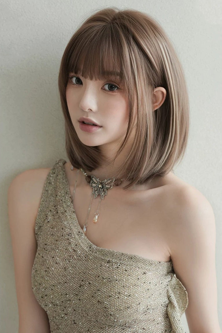 Fluffy Age-Reducing Clavicle Bob Lolita Wig with Highlights - Brown Beige