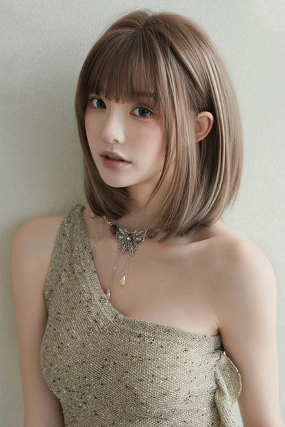 Fluffy Age-Reducing Clavicle Bob Lolita Wig with Highlights - Brown Beige