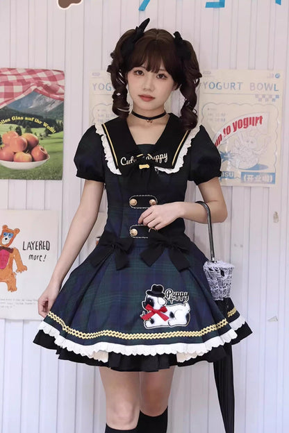 Azure Dalmatian Print Short Sleeve Ruffle Bow Slim Sweet Lolita Gown