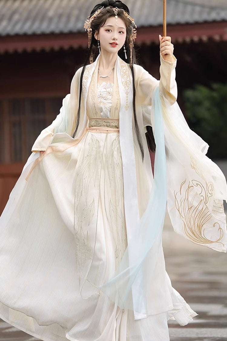 Sweet Hanfu Gown Full Set with Jacquard Print, Embroidery & Long Sleeves