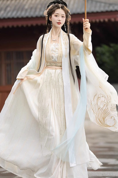 Sweet Hanfu Gown Full Set with Jacquard Print, Embroidery & Long Sleeves