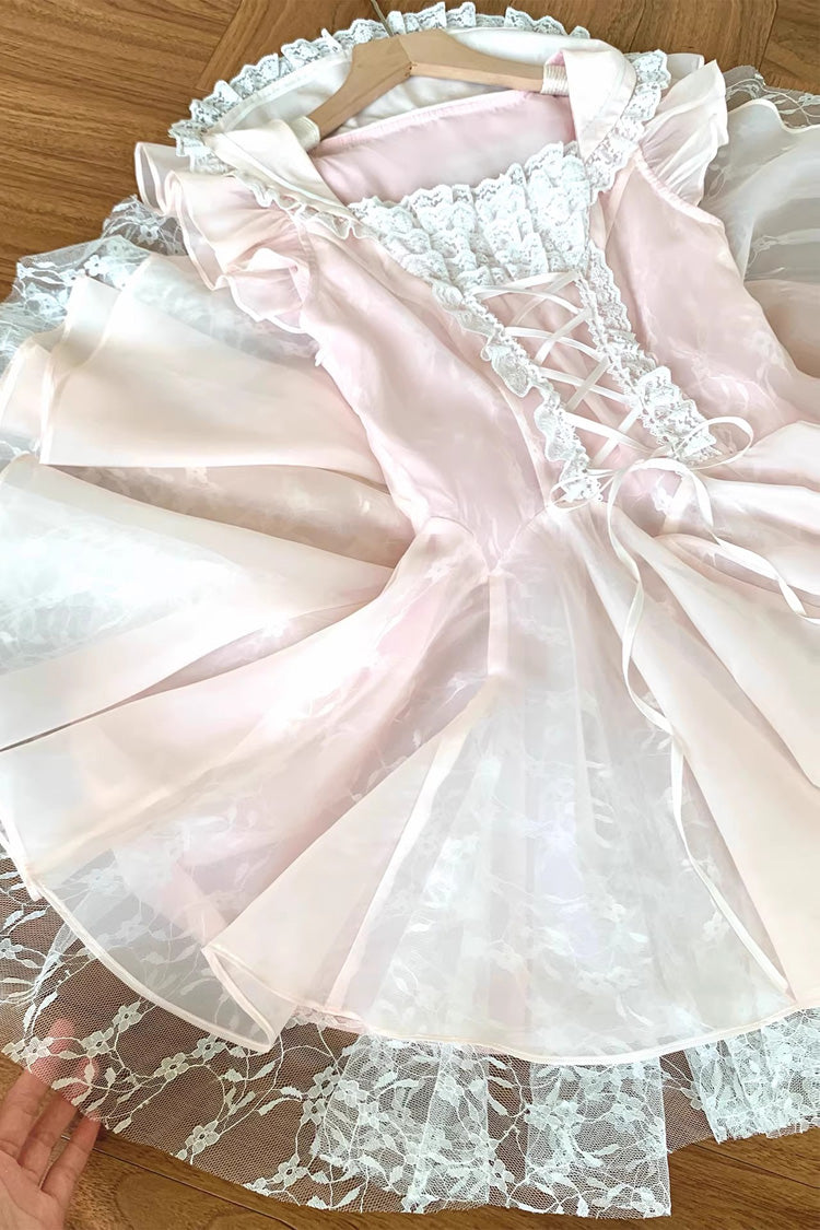 Blush Square Collar Ruffle Lace-Up Princess Ballerina Dress - Floral Letter