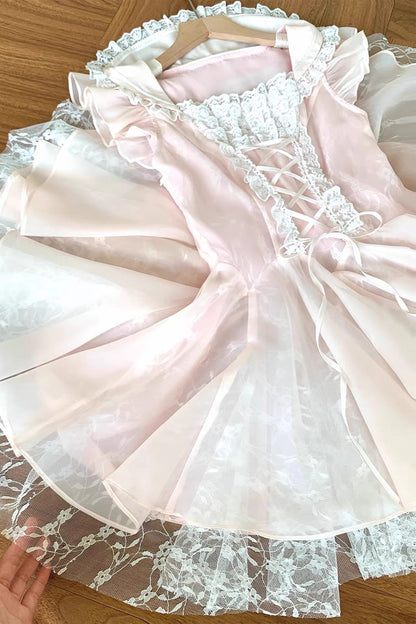 Blush Square Collar Ruffle Lace-Up Princess Ballerina Dress - Floral Letter