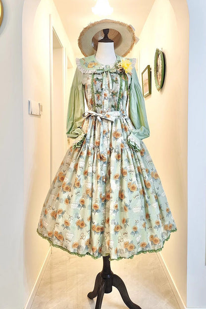 Emerald Sleeveless Sunflower Ruffle Bow Sweet Lolita Jumper Dress