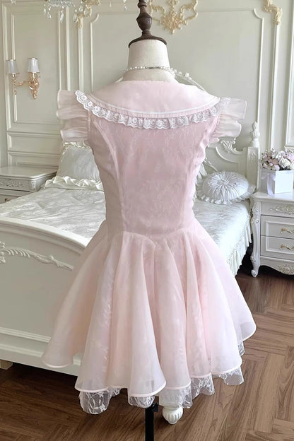 Blush Square Collar Ruffle Lace-Up Princess Ballerina Dress - Floral Letter