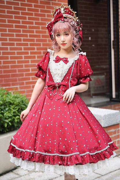 Midsummer Galaxy Star Print Short Sleeve Ruffled Bow Lolita OP Gown