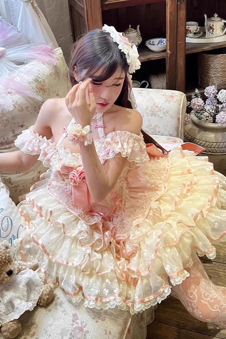 Blush Halter Multi-Tier Ruffle Bow Rose Lace-Up Ballerina JSK - Flower Language of Eros