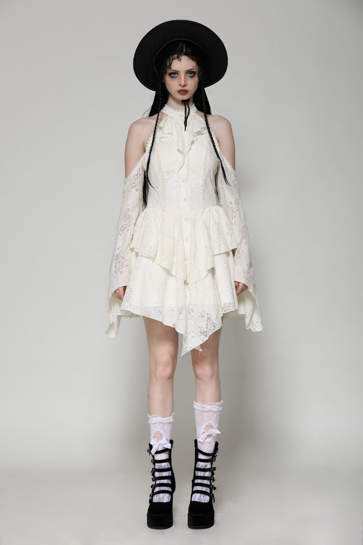 Steampunk Women's Dress with Halter Off-Shoulder Lapel Collar & Flare Sleeves, Cream