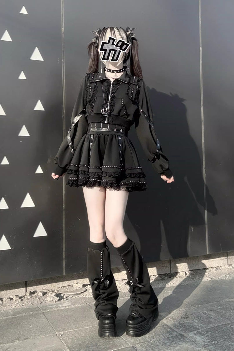 Japanese Handsome Skirt Set with Ruffled Lace and Zipper in Black