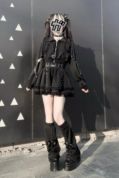 Japanese Handsome Skirt Set with Ruffled Lace and Zipper in Black