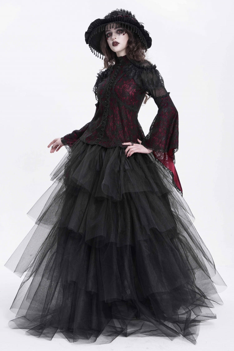 Crimson High-Neck Gothic Lace Blouse with Embroidered Flared Sleeves