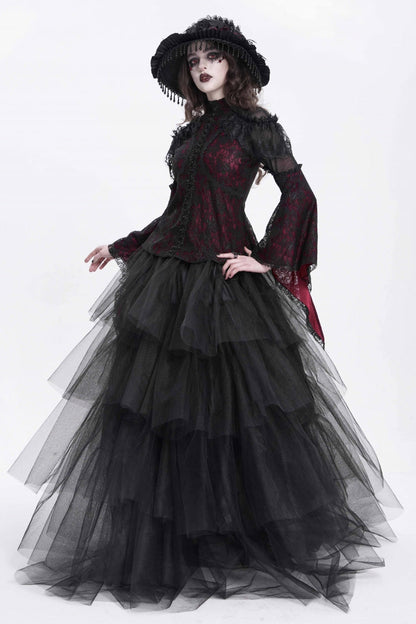 Crimson High-Neck Gothic Lace Blouse with Embroidered Flared Sleeves