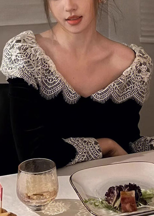 Black Patchwork V Spring Dresses Neck Silk Velvet Lace French