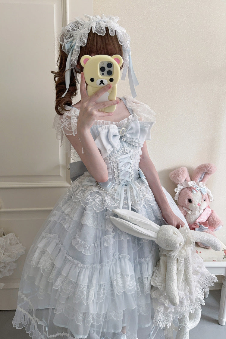 Azure Eternal Vow Sleeveless Ruffled Hanayome Bow Lace-Up Sweet Lolita Jumper Dress