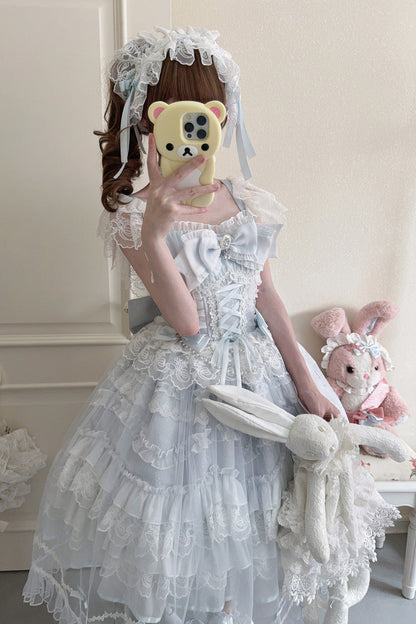 Azure Eternal Vow Sleeveless Ruffled Hanayome Bow Lace-Up Sweet Lolita Jumper Dress