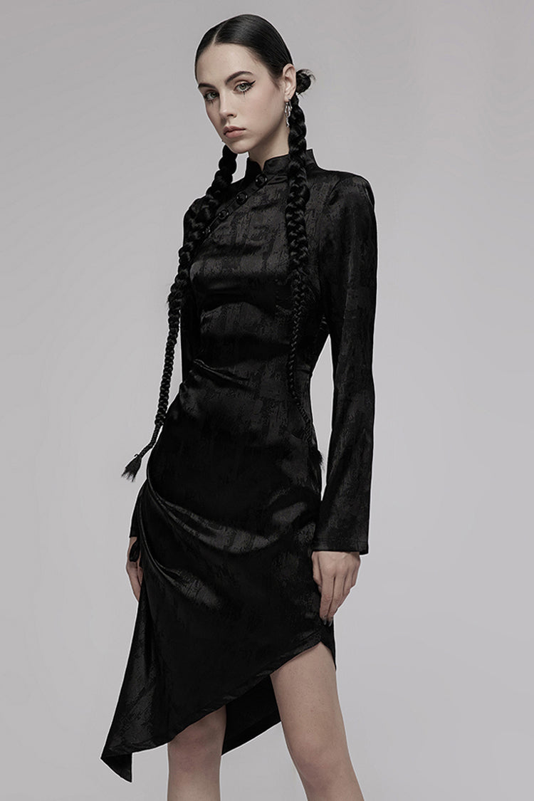 Punk Cheongsam Dress in Black Jacquard Cotton with Pointed Hem and Drawstring