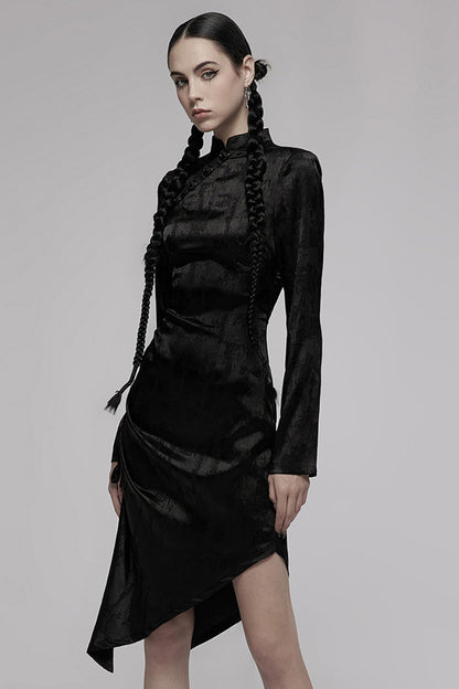 Punk Cheongsam Dress in Black Jacquard Cotton with Pointed Hem and Drawstring