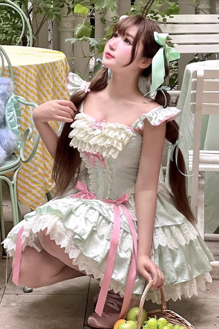 Emerald Mint Multi-Layered Ruffle Bow Lace Ballet Sweet Dress