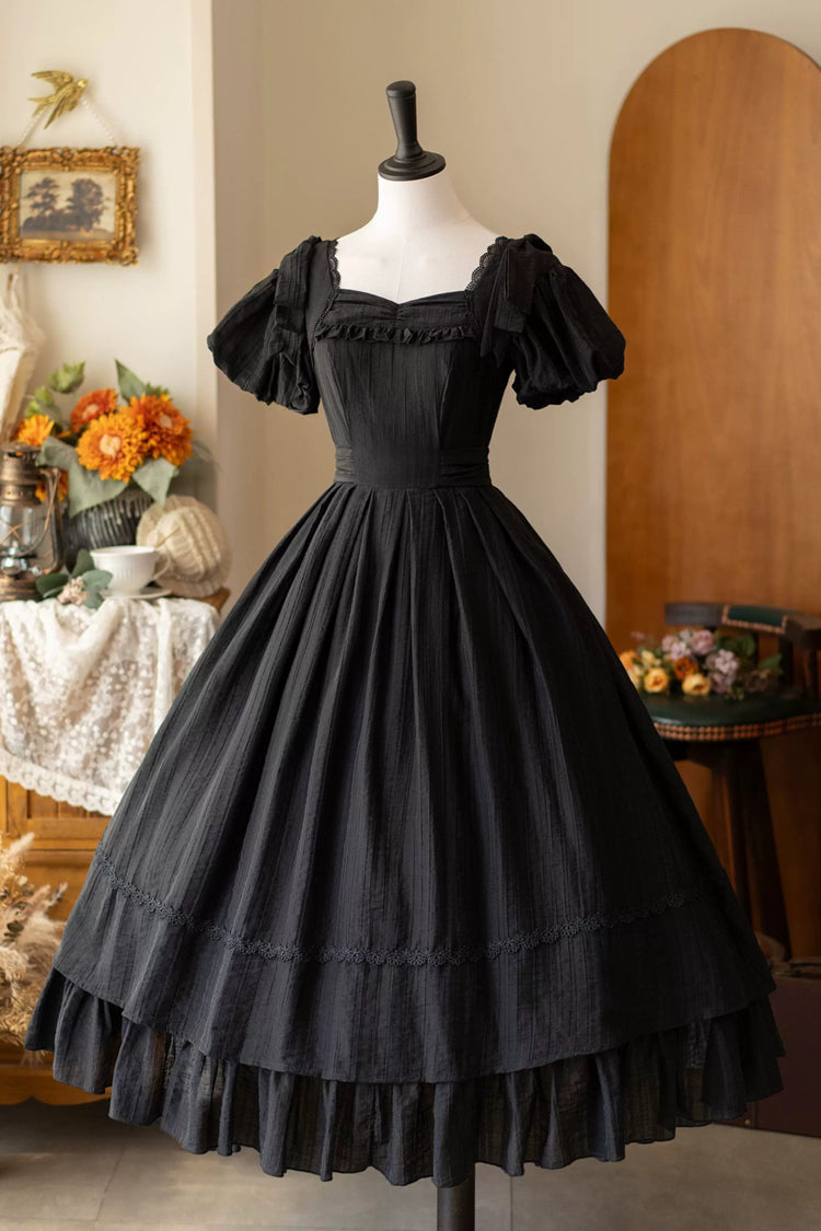 Ebony Square-Collar Short-Sleeve Bow Vintage Gown - Forest Gallery