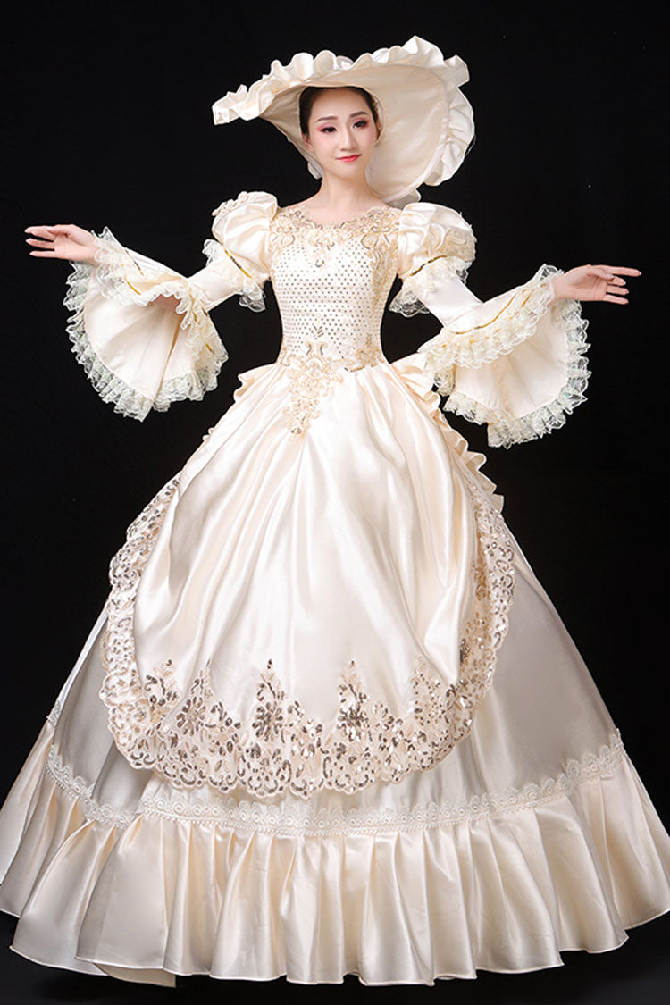Ivory Court-Style High-Waist Floral Hime Sleeve Victorian Lolita Prom Dress