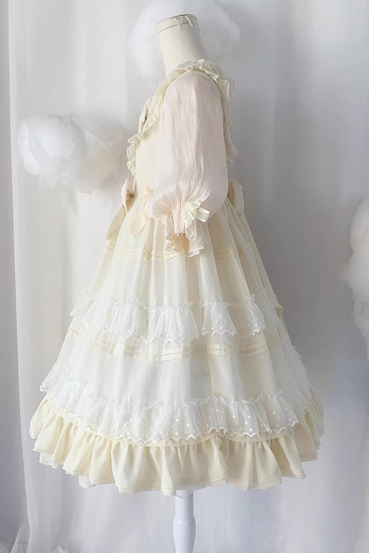Cool Angel Sweet Lolita Dress with Bowknot, Ruffles & Short Lace Sleeves, Cream