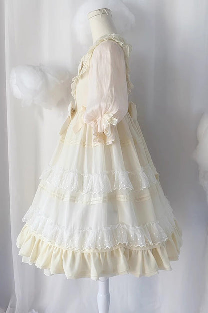 Cool Angel Sweet Lolita Dress with Bowknot, Ruffles & Short Lace Sleeves, Cream