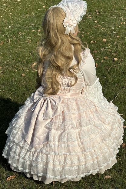 Blush Doll-Style Bow Lace Princess Dress with Layers