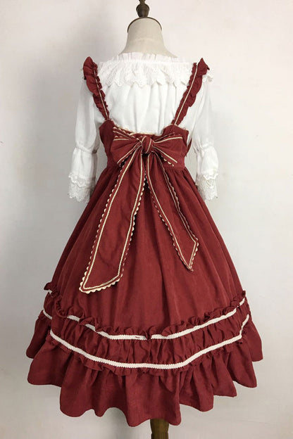 Crimson Vintage Lolita JSK Dress with Bow and Ruffle Details