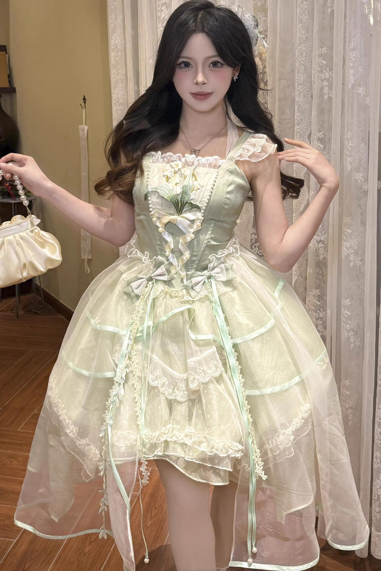 Emerald Lily Valley Polka-Dot Ruffled Lace-Up Princess JSK Dress