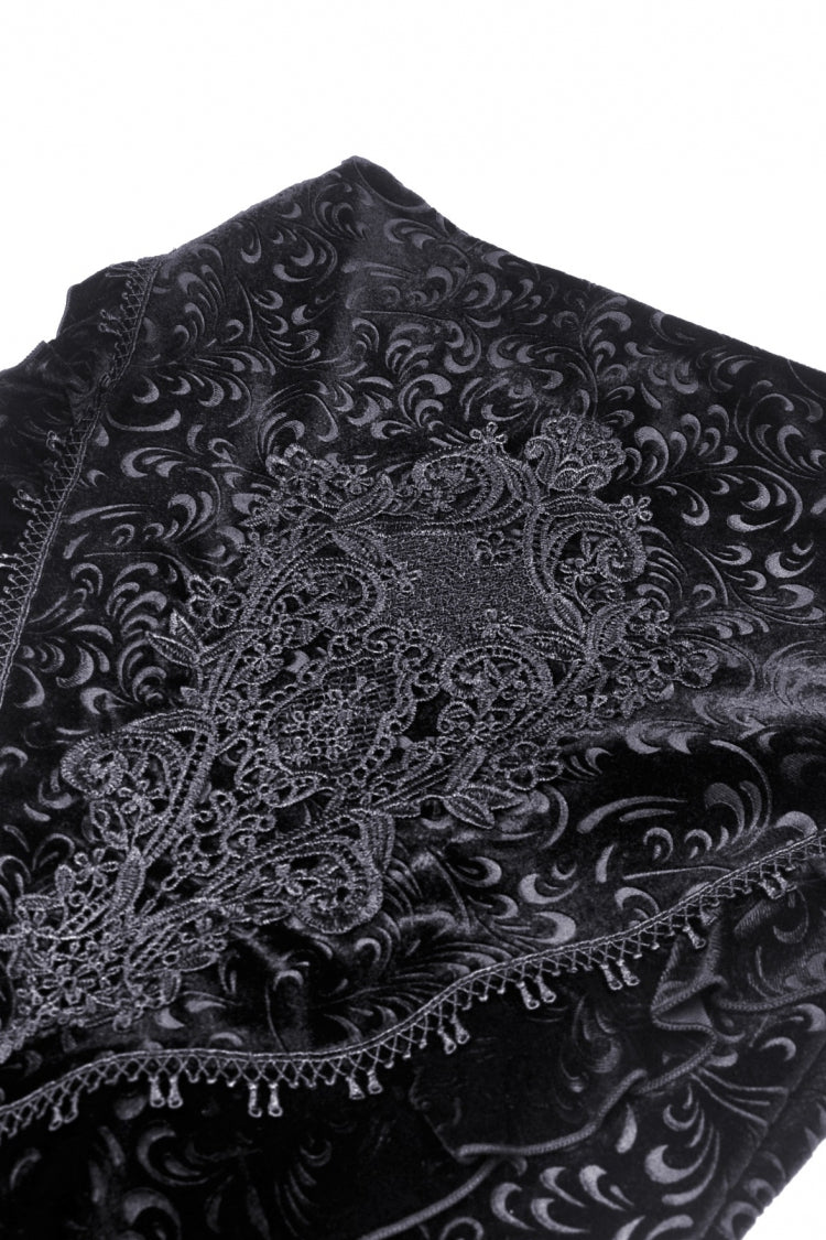 Women's Gothic Dovetail Wrap Skirt with Lace and Lace-Up in Black Jacquard
