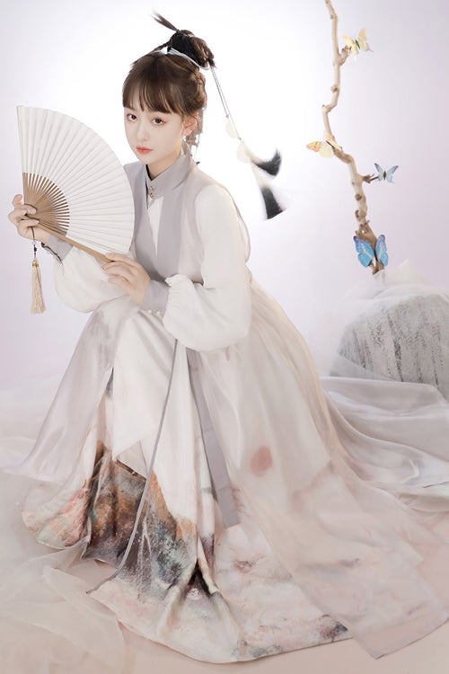 Classic Lolita Hanfu Gown Full Set with Elegant Chinese Ink Printing