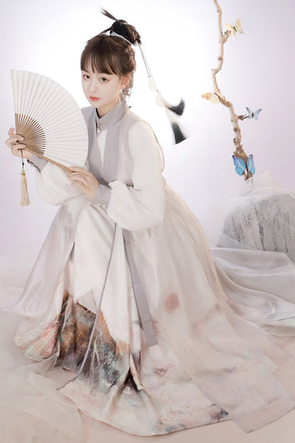 Classic Lolita Hanfu Gown Full Set with Elegant Chinese Ink Printing